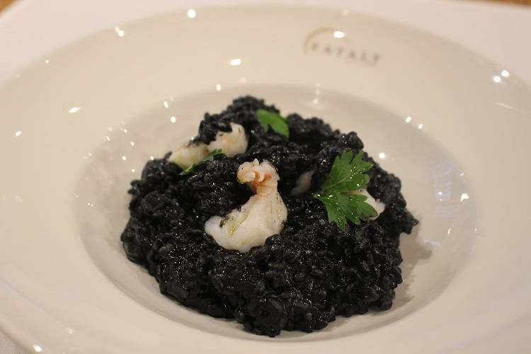 Risotto al Nero di Seppia con Gamberi (Black SquidInk Risotto with Shrimp)